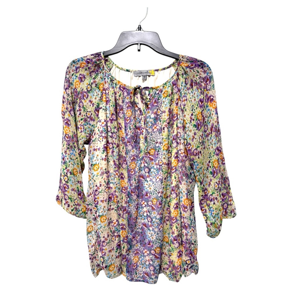 Figueroa & Flower Floral Peasant Blouse Plus 1X Tie Neck Boho